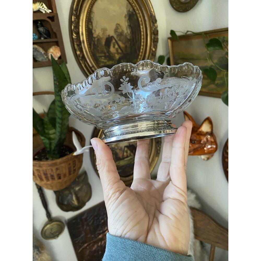 Vintage 1930s Cambridge Glass Chantilly Divided Relish Bowl With Sterling Base